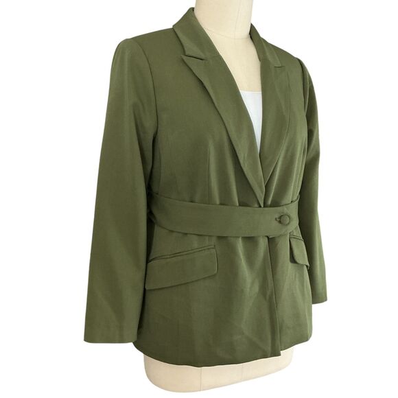 Eloquii Blazer Jacket sz 18 Army Green Belt Detail Peak Lapel Office Preppy NWT - Picture 3 of 12